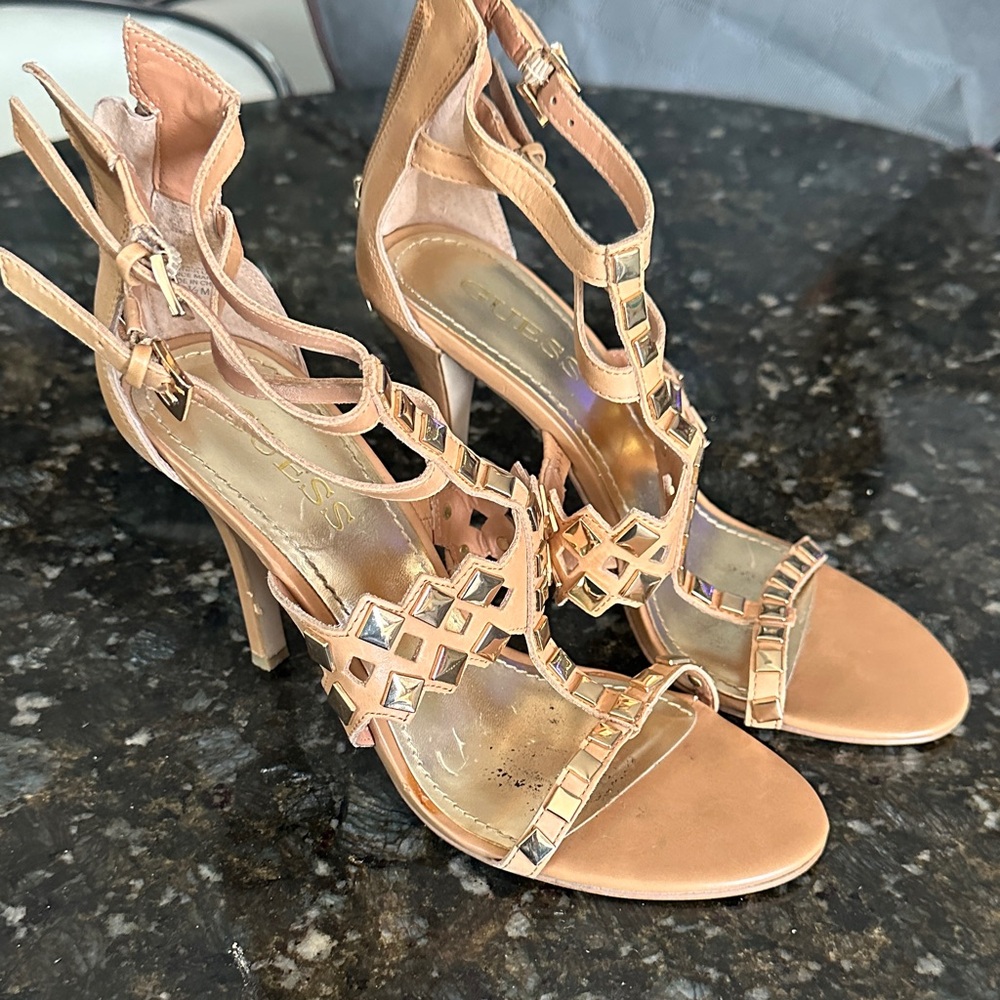 Guess Tan Strappy Heels with Gold Accents